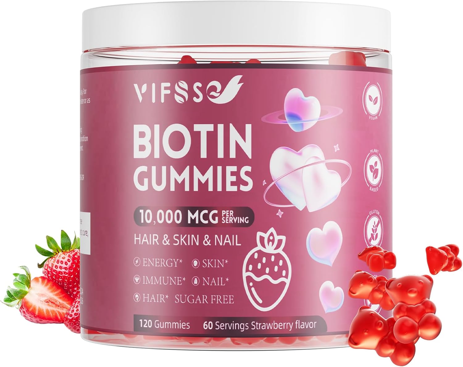 Extra Strength Vegan Biotin Gummies - 10,000mcg - Hair, Skin, Nails Support - 120 Sugar-Free Gummies - Men & Women - Fast Growth & Strength
