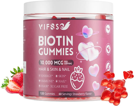 Extra Strength Vegan Biotin Gummies - 10,000mcg - Hair, Skin, Nails Support - 120 Sugar-Free Gummies - Men & Women - Fast Growth & Strength