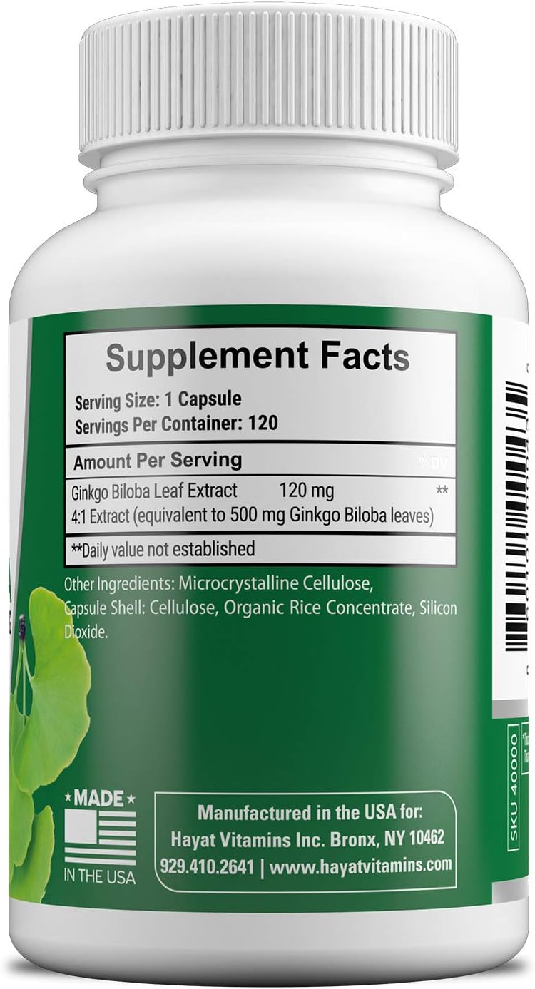 Extra Strength Vegan Ginkgo Biloba Vitamins - 500 MG per Serving, Brain Function & Memory Support - 120 Capsules, Halal Certified, Made in USA