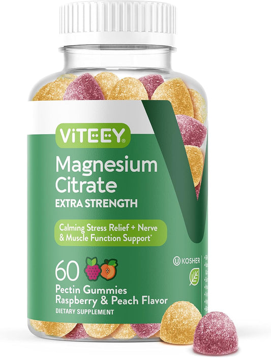 Extra Strength Vegan Magnesium Citrate Gummies for Adults & Teens - 170mg, Supports Calm Mood, Muscle Function - Raspberry & Peach Flavor