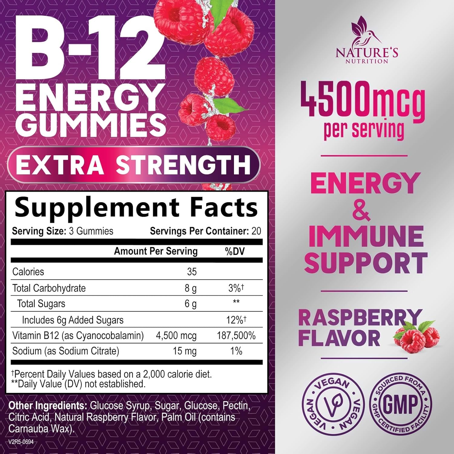 Extra Strength Vitamin B12 Energy Gummies - 4500mcg Chewable for Energy & Nervous System Support - B-12 Complex Gummy for Women, Men, Kids - Non-GMO, Vegan - Berry Flavor - 60 Gummies