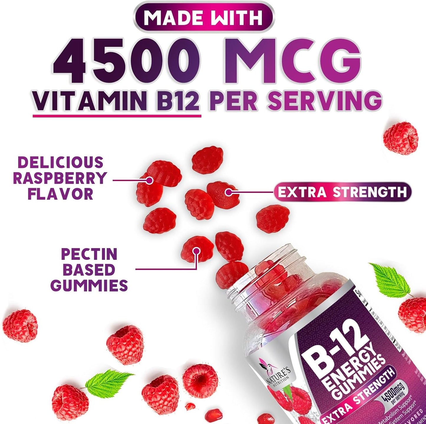 Extra Strength Vitamin B12 Energy Gummies - 4500mcg Chewable for Energy & Nervous System Support - B-12 Complex Gummy for Women, Men, Kids - Non-GMO, Vegan - Berry Flavor - 60 Gummies