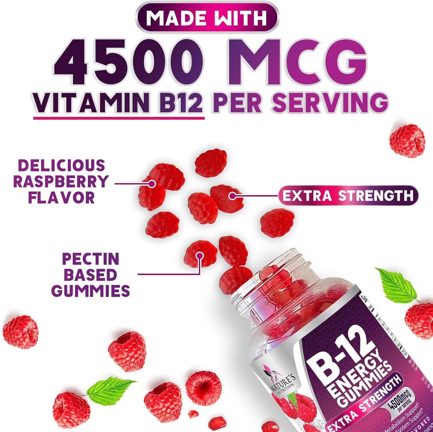 Extra Strength Vitamin B12 Energy Gummies - 4500mcg Chewable for Energy & Nervous System Support - B-12 Complex Gummy for Women, Men, Kids - Non-GMO, Vegan - Berry Flavor - 60 Gummies