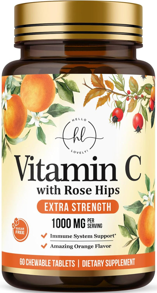 Extra Strength Vitamin C 1000mg Chewable Tablets with Rose HIPS Bioflavonoids - Immune Support & Antioxidant Protection - 60 Capsules