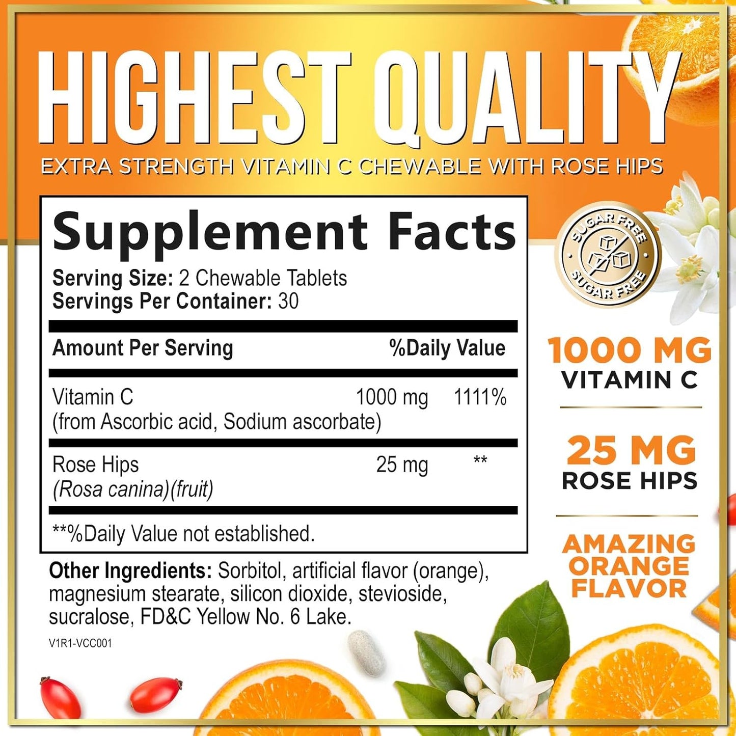 Extra Strength Vitamin C 1000mg Chewable Tablets with Rose HIPS Bioflavonoids - Immune Support & Antioxidant Protection - 60 Capsules