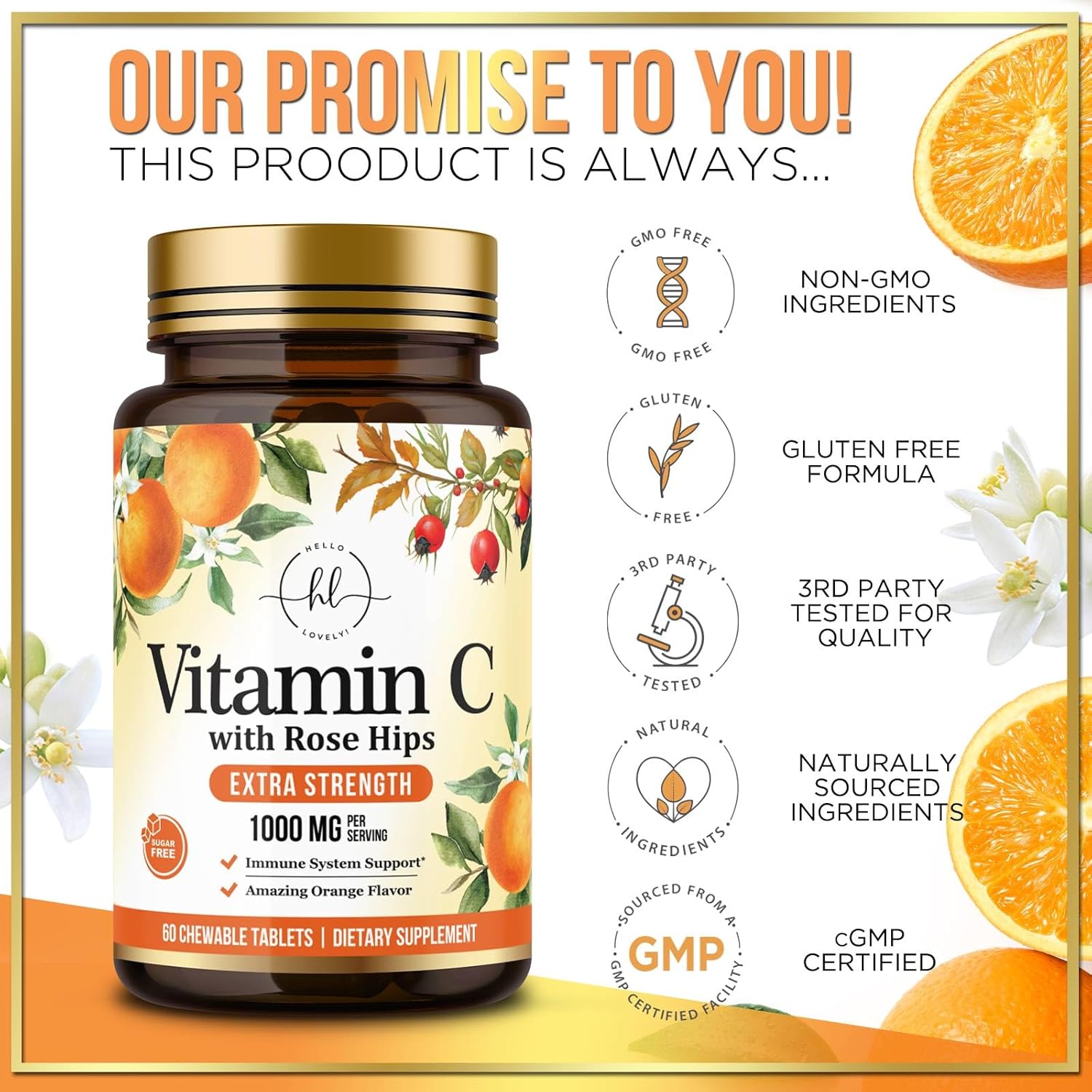 Extra Strength Vitamin C 1000mg Chewable Tablets with Rose HIPS Bioflavonoids - Immune Support & Antioxidant Protection - 60 Capsules