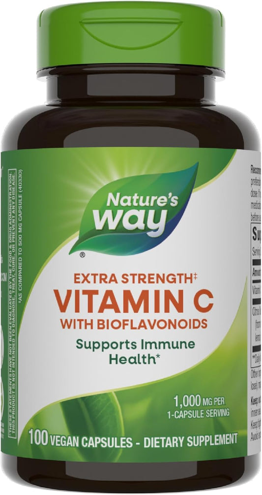 Extra Strength Vitamin C with Bioflavonoids for Immune Health & Healthy Skin - 100 Vegan Capsules