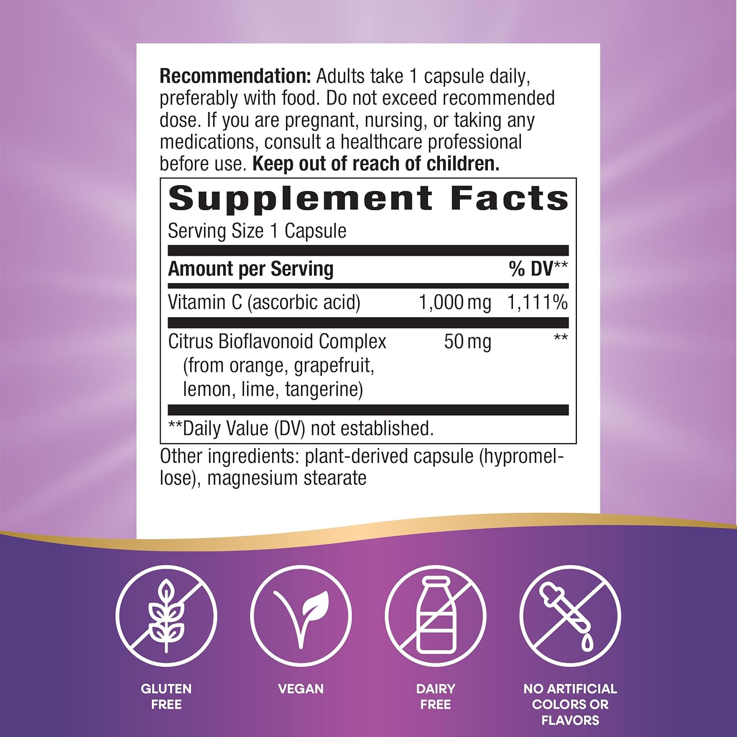 Extra Strength Vitamin C with Bioflavonoids for Immune Health & Healthy Skin - 100 Vegan Capsules