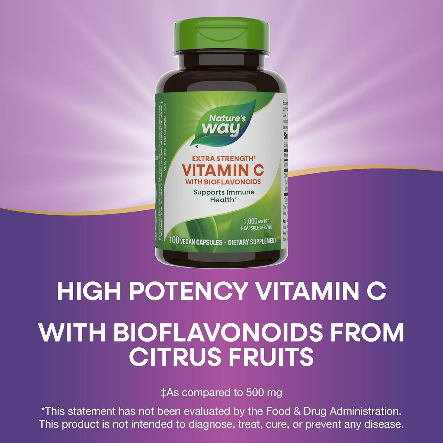 Extra Strength Vitamin C with Bioflavonoids for Immune Health & Healthy Skin - 100 Vegan Capsules