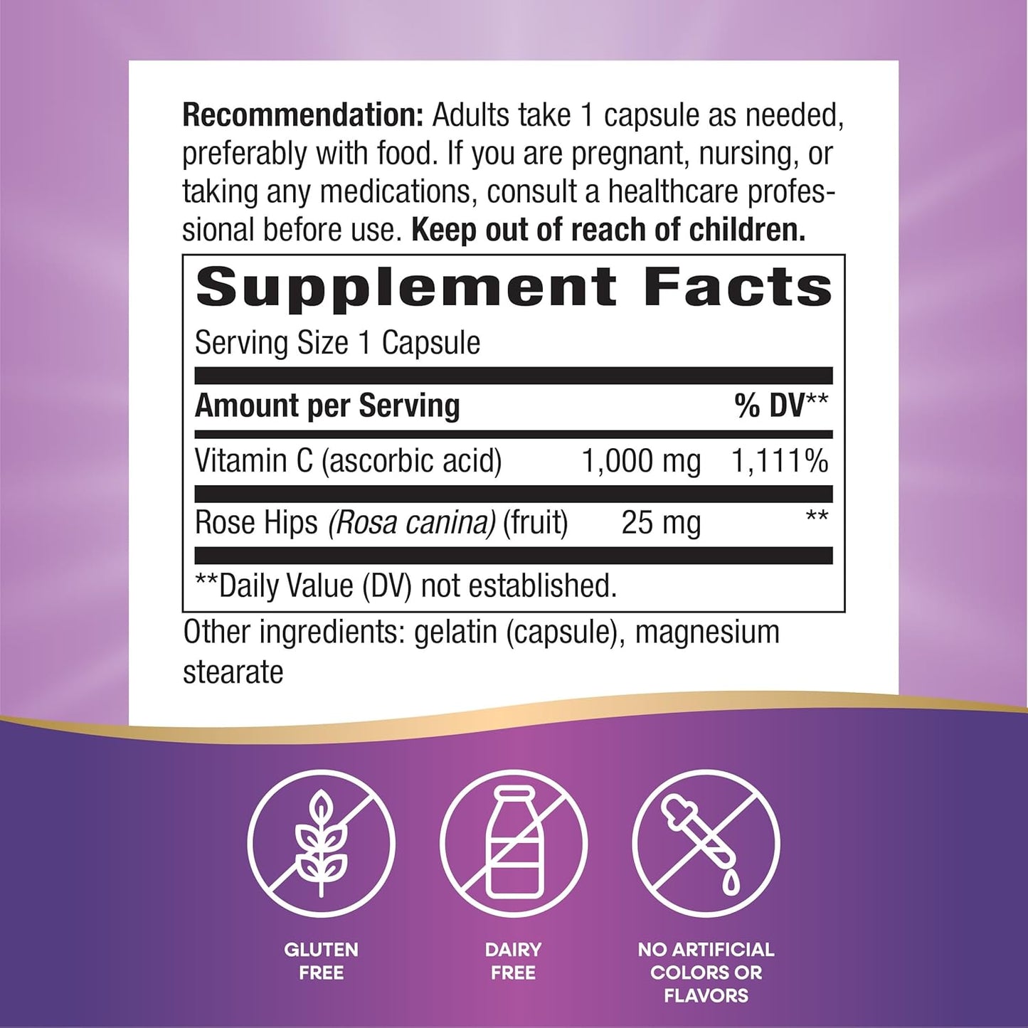 Extra Strength Vitamin C with Rose HIPS Capsules - Immune Health Support - High Potency, 100 Count