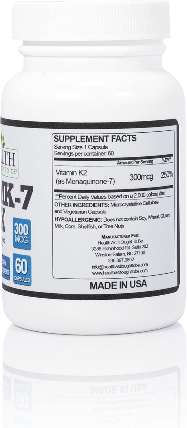Extra Strength Vitamin K2 MK7 Supplement - 300mcg, Soy Free, High Bioavailability, 60 Capsules