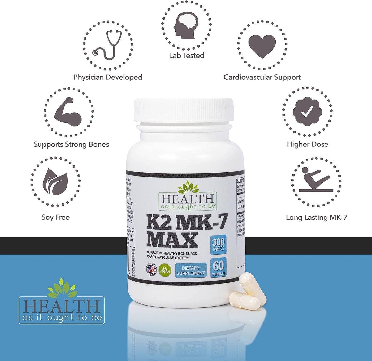 Extra Strength Vitamin K2 MK7 Supplement - 300mcg, Soy Free, High Bioavailability, 60 Capsules