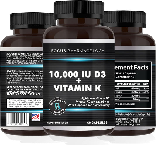 Extra Strength Vitamin K2 with D3 Supplement for Bone and Heart Health - Non-GMO Formula with High Potency Vitamin D3 & K2 (MK7) - Easy to Swallow Capsules, 60 Count