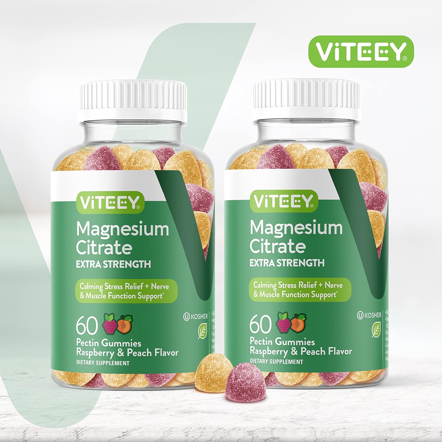 Extra Strength Viteey Magnesium Citrate Gummies - 170mg for Adults & Teens - Vegan, Gelatin Free, Raspberry & Peach Flavored - Supports Calm Mood, Relaxation, Muscle Function