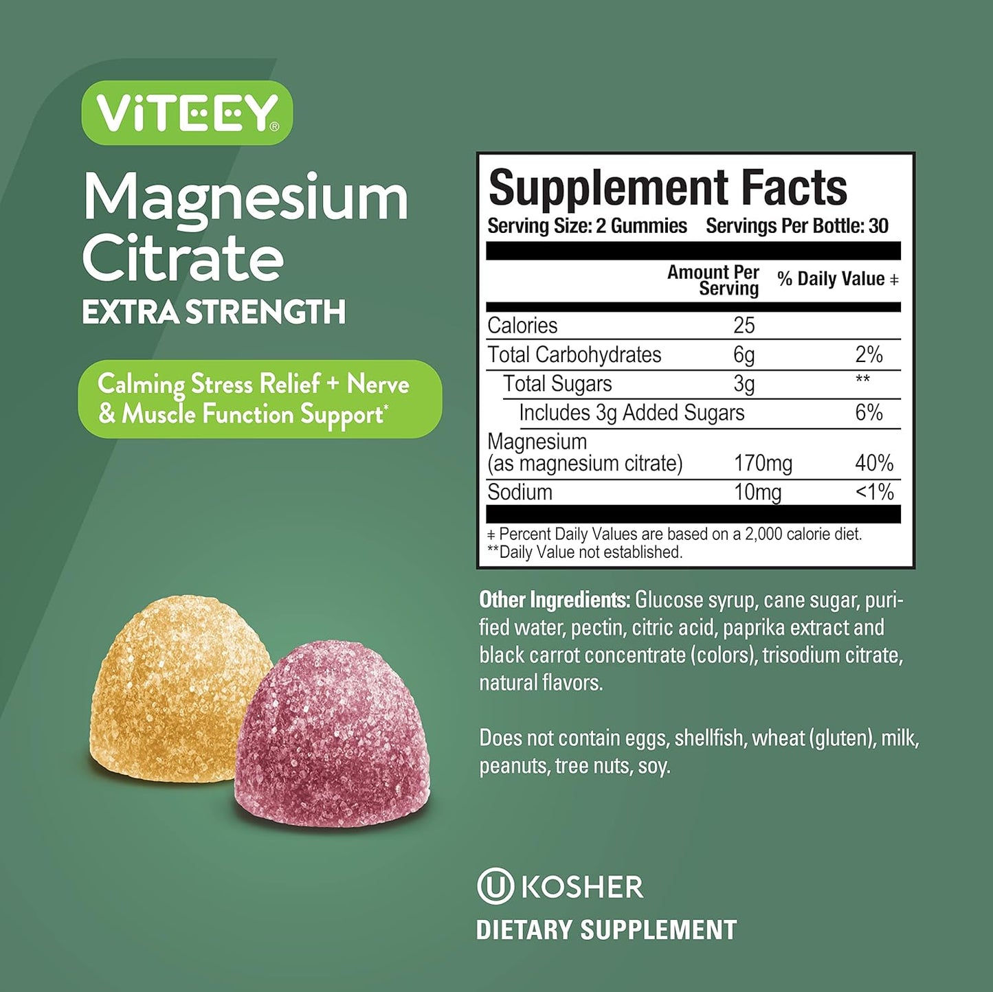 Extra Strength Viteey Magnesium Citrate Gummies - 170mg for Adults & Teens - Vegan, Gelatin Free, Raspberry & Peach Flavored - Supports Calm Mood, Relaxation, Muscle Function