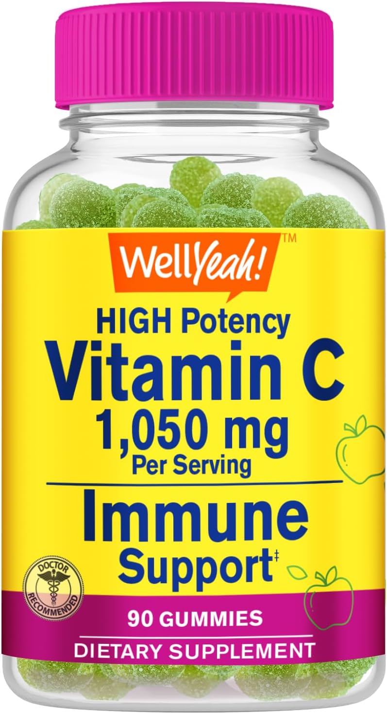 Extra Strength WellYeah Vitamin C 1050 mg Gummies for Immune Support - Natural Flavors, Antioxidant - Vegetarian, Non-GMO, Gluten Free - 30 Servings