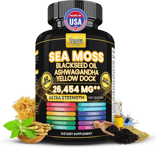 Extra Strength Zenva Wellness Seamoss Black Seed Oil Ashwagandha Ginger Yellow Dock Capsules with Bladderwrack, Elderberry, Turmeric, and Vitamin D3