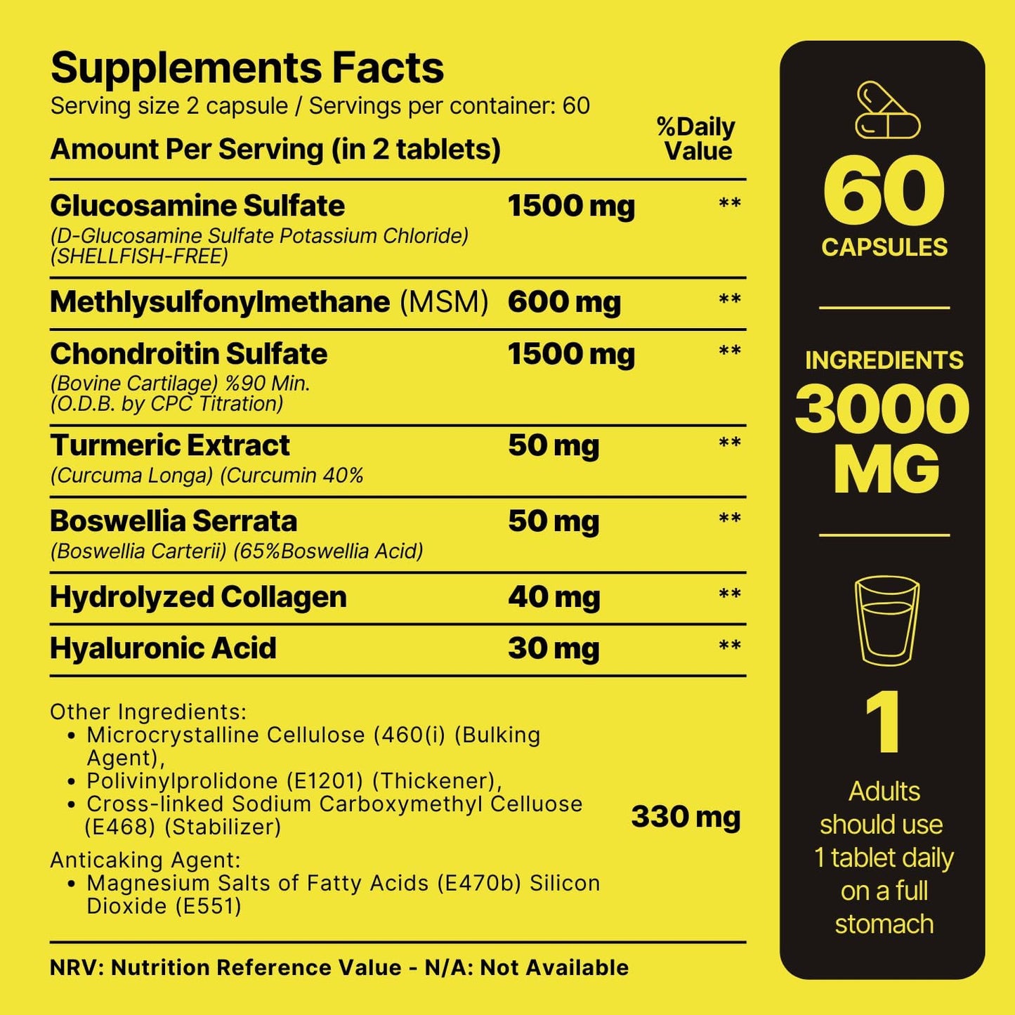 Extra Strong Glucosamine, Collagen, Chondroitin, MSM, and Hyaluronic Acid Tablet Supplement