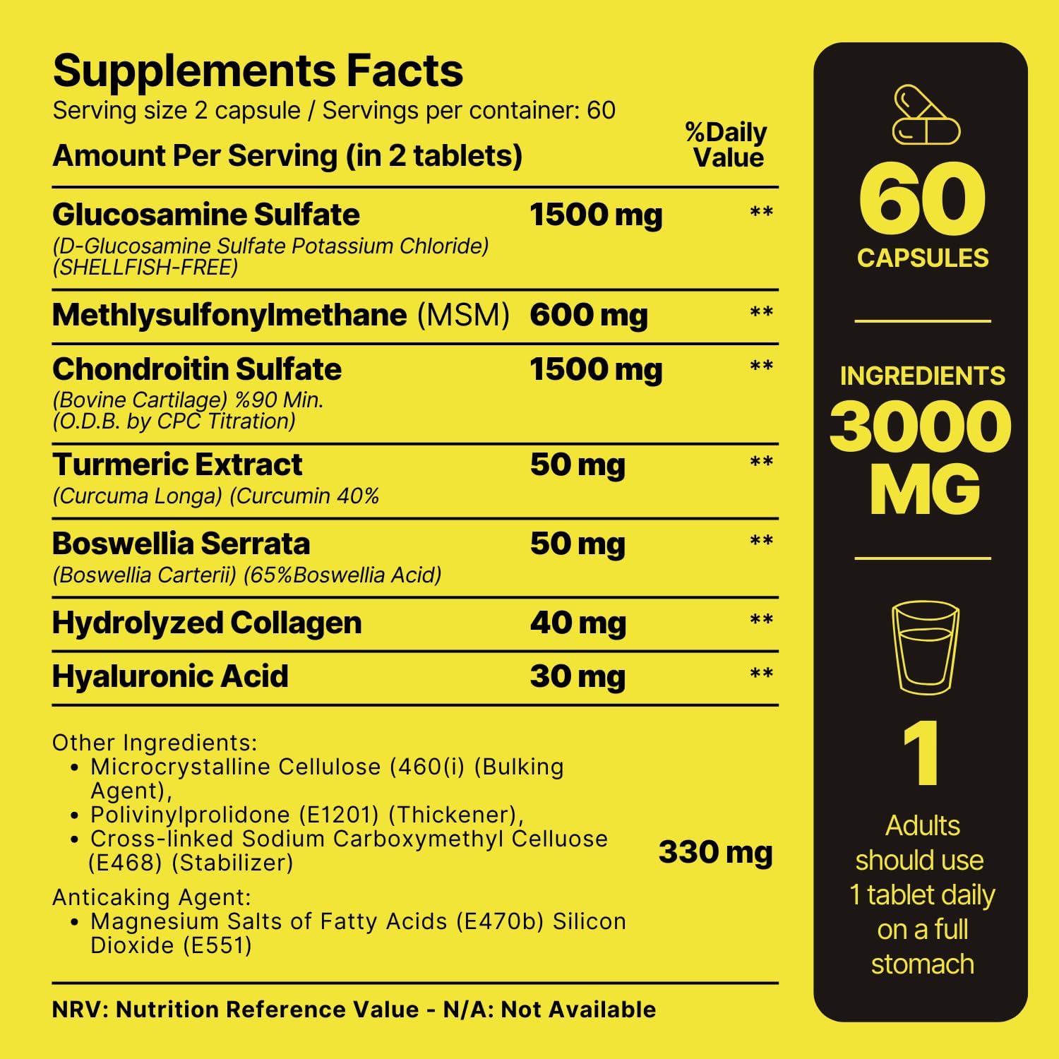 Extra Strong Glucosamine, Collagen, Chondroitin, MSM, and Hyaluronic Acid Tablet Supplement