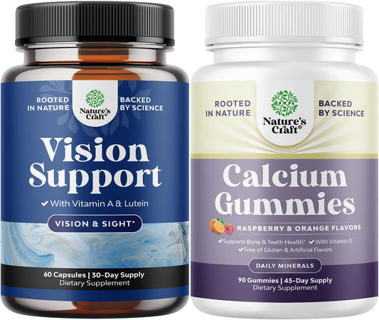 Eye Health and Calcium Bundle: Supplements for Vision, Dry Eyes, Blue Light Protection, Bone Health, and Immune Support