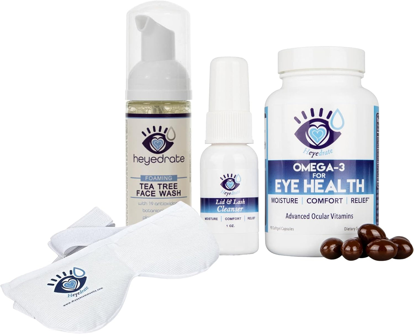 Eye Health Bundle: Omega 3 Fish Oil, Heated Eye Mask, Tea Tree Face Wash for Relief from Irritated Eyes