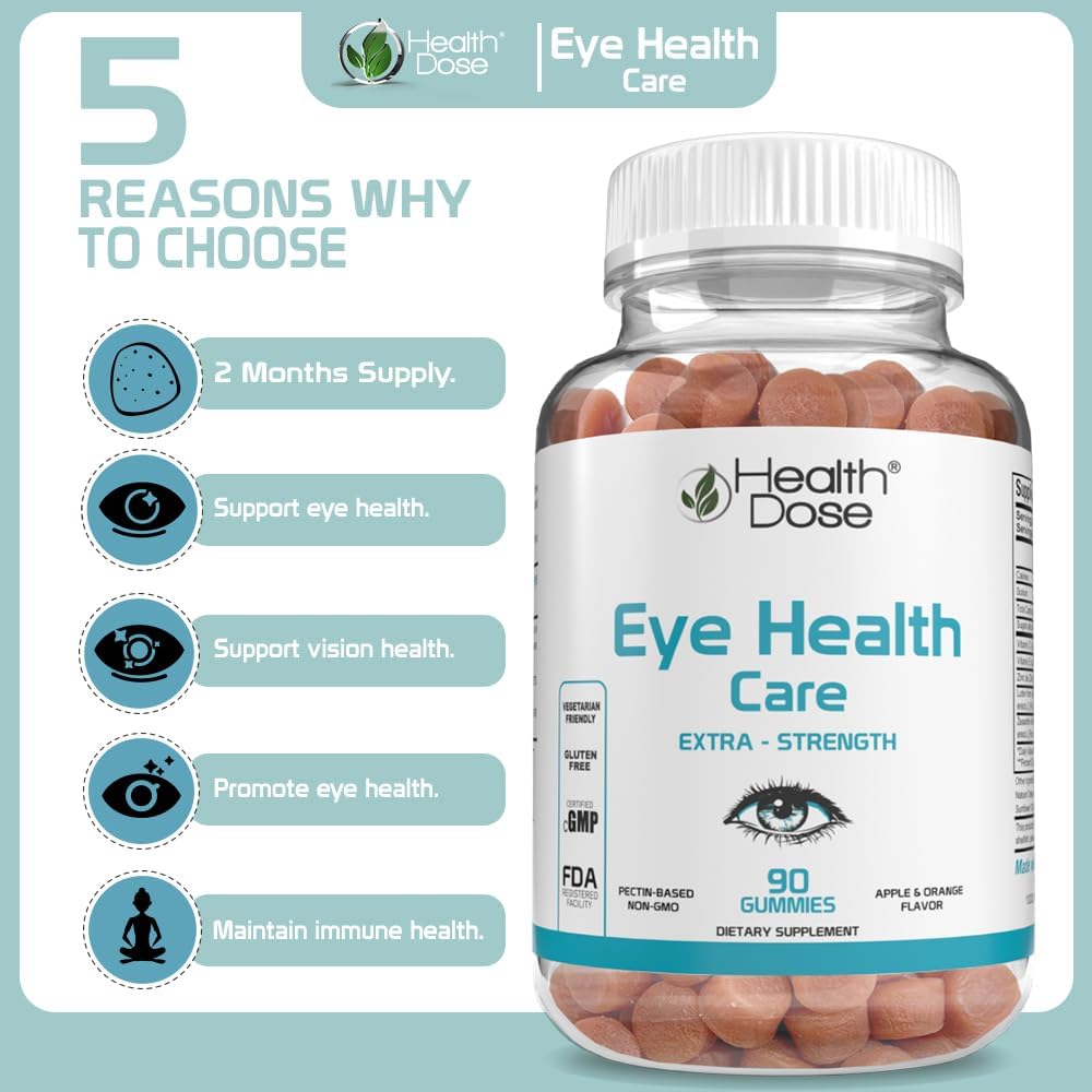 Eye Health Gummies with Lutein & Zeaxanthin for Eye Strain, Dry Eyes, Visual Performance - Apple & Orange Flavor - 90 Gummies