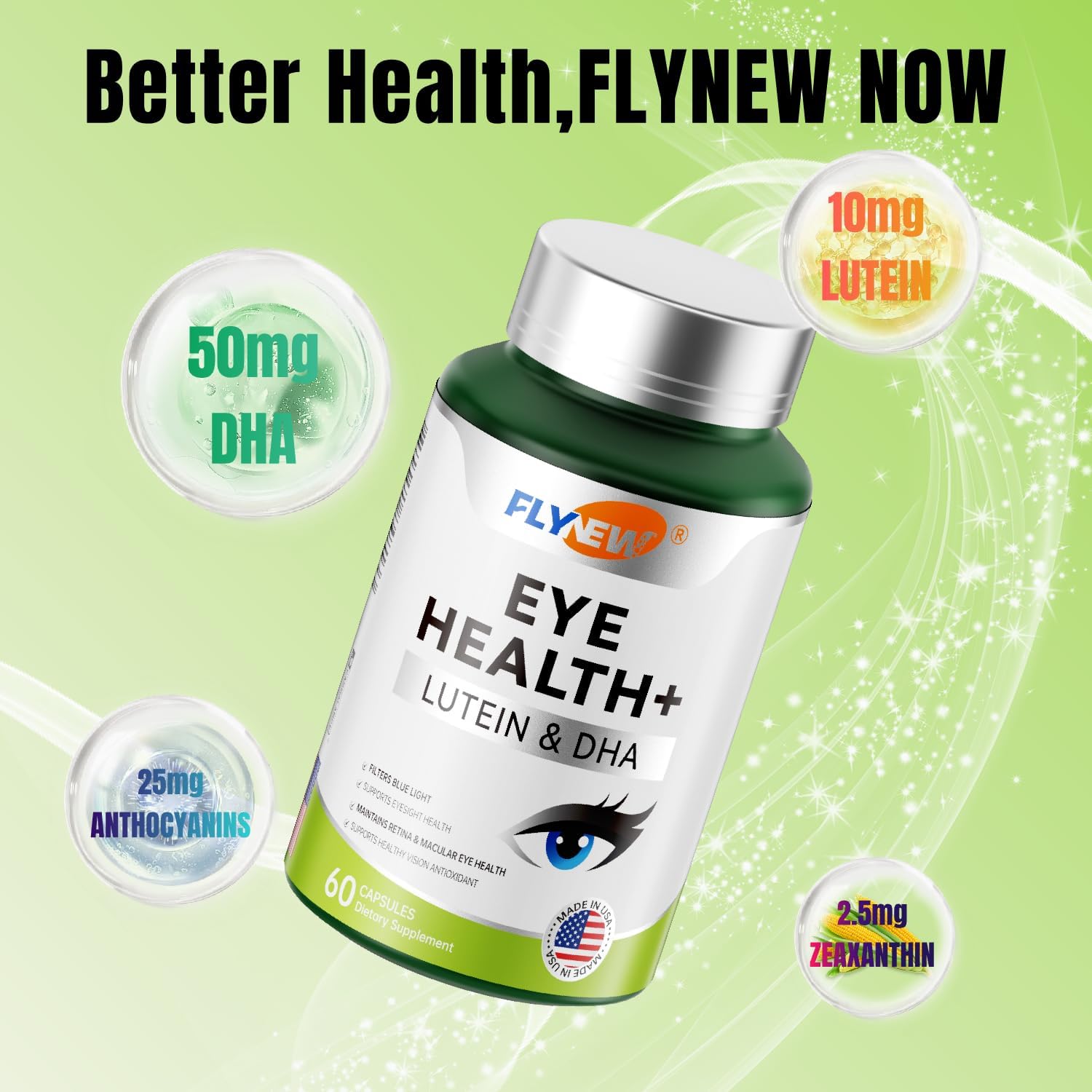 Eye Health Supplement with Lutein, DHA, Blueberry Extract, Zeaxanthin - USA Made (60 Capsules)