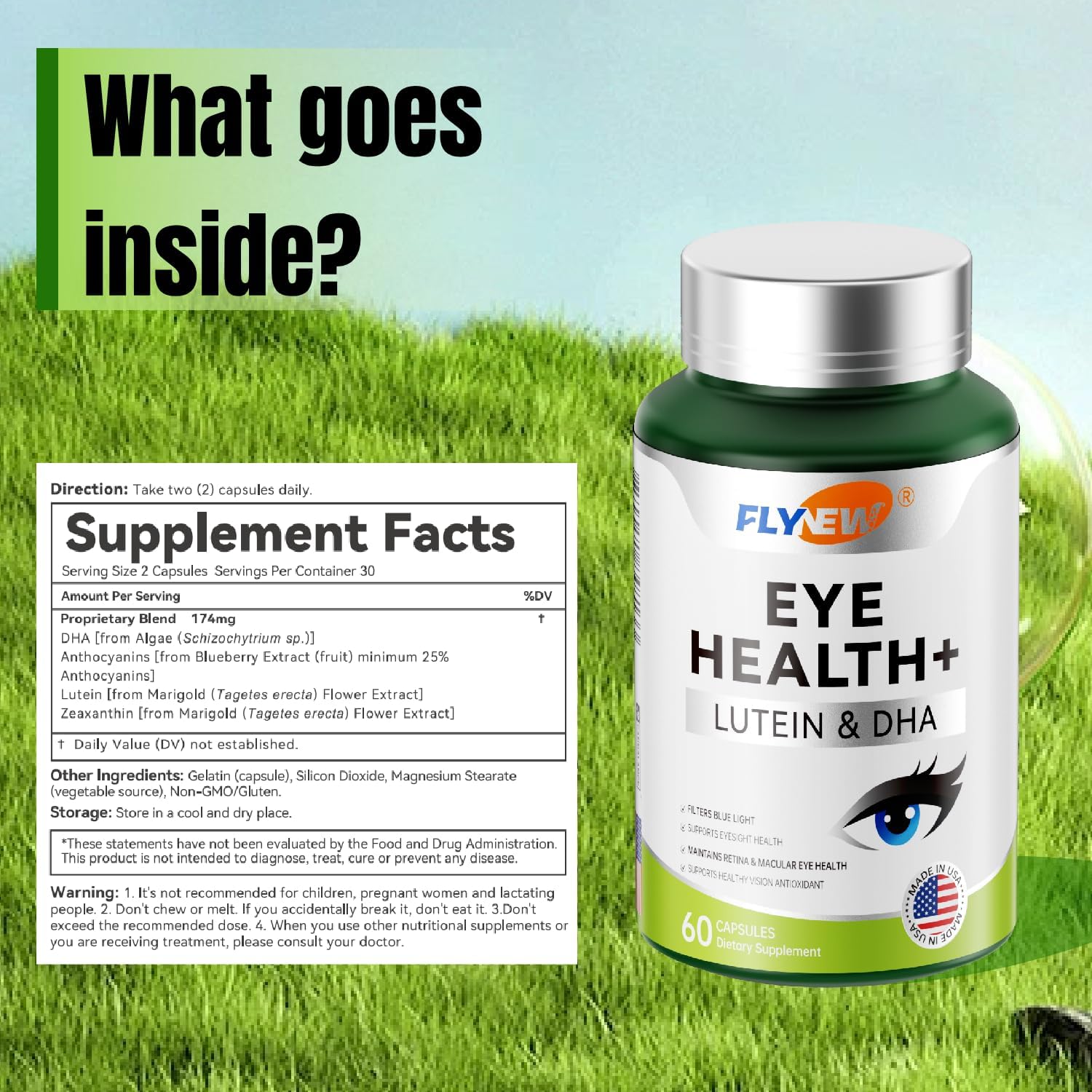 Eye Health Supplement with Lutein, DHA, Blueberry Extract, Zeaxanthin - USA Made (60 Capsules)