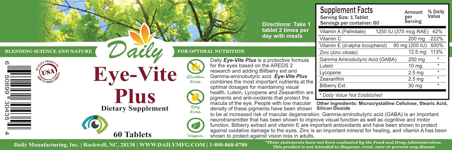 Eye Health Supplement with Vitamin A, C, E, Zinc, GABA, Lutein, Zeaxanthin, & Bilberry - 60 Tablets