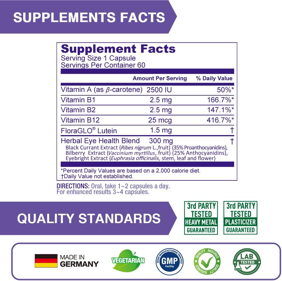 Eye Health Support Supplement with FloraGLO Lutein, Black Currant & Eyebright, 60 Capsules for Vision and Dry Eye Relief