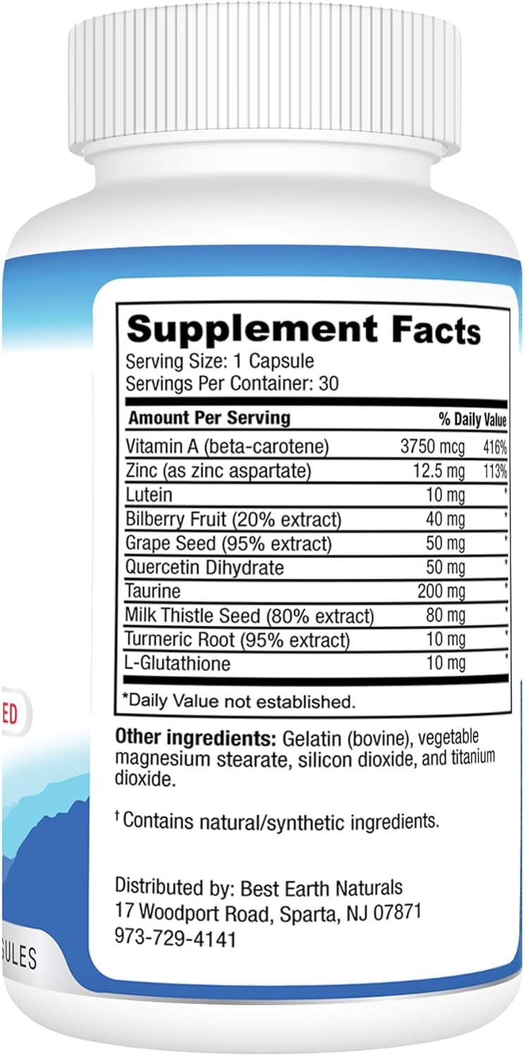 Eye Health Support Supplement with Lutein, Vitamin A, Quercetin - 30 Count Bottle