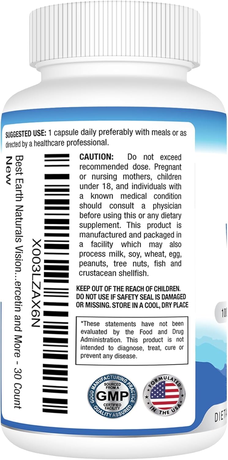 Eye Health Support Supplement with Lutein, Vitamin A, Quercetin - 30 Count Bottle