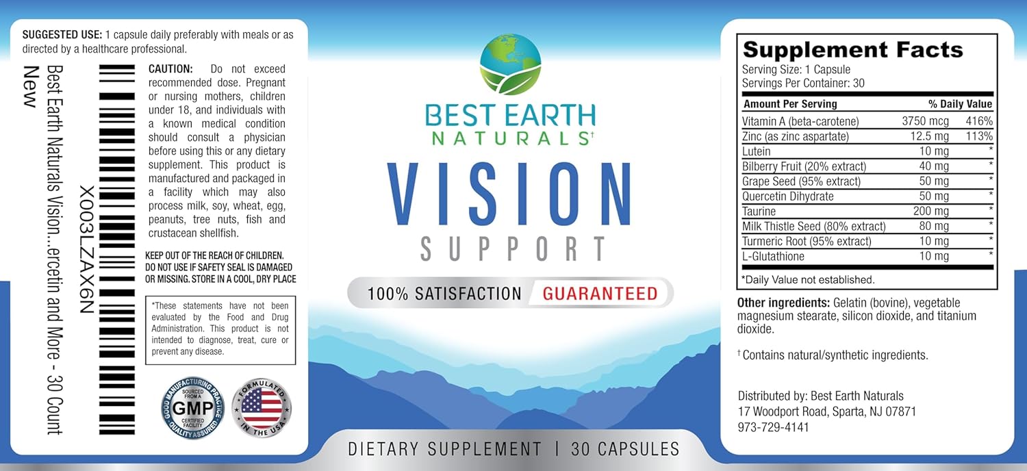 Eye Health Support Supplement with Lutein, Vitamin A, Quercetin - 30 Count Bottle