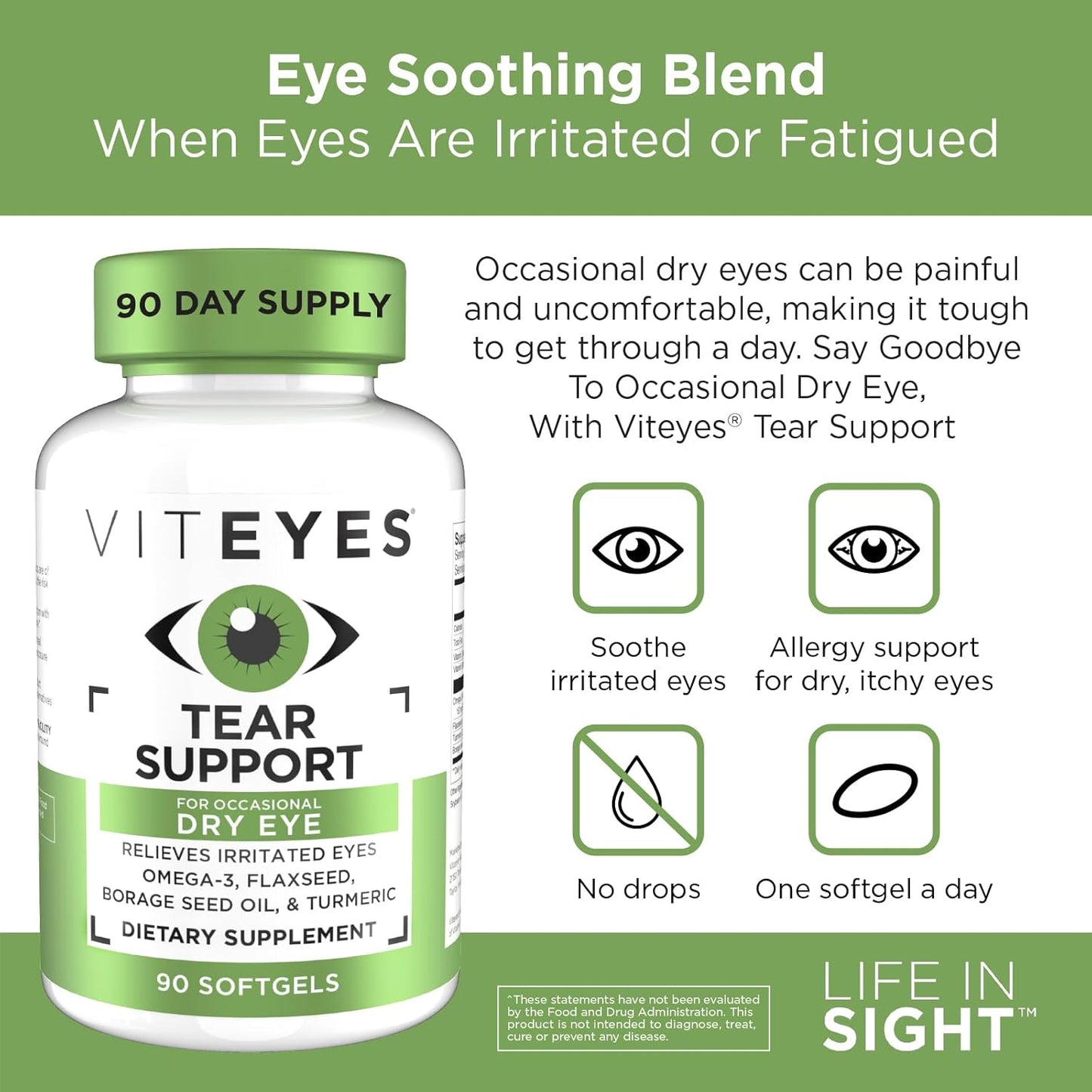 Eye Soothing Supplement for Dry Eyes, Redness Relief & Allergy Support - Viteyes Tear Support Blend with Omega-3 Fish Oil, 90 Softgels