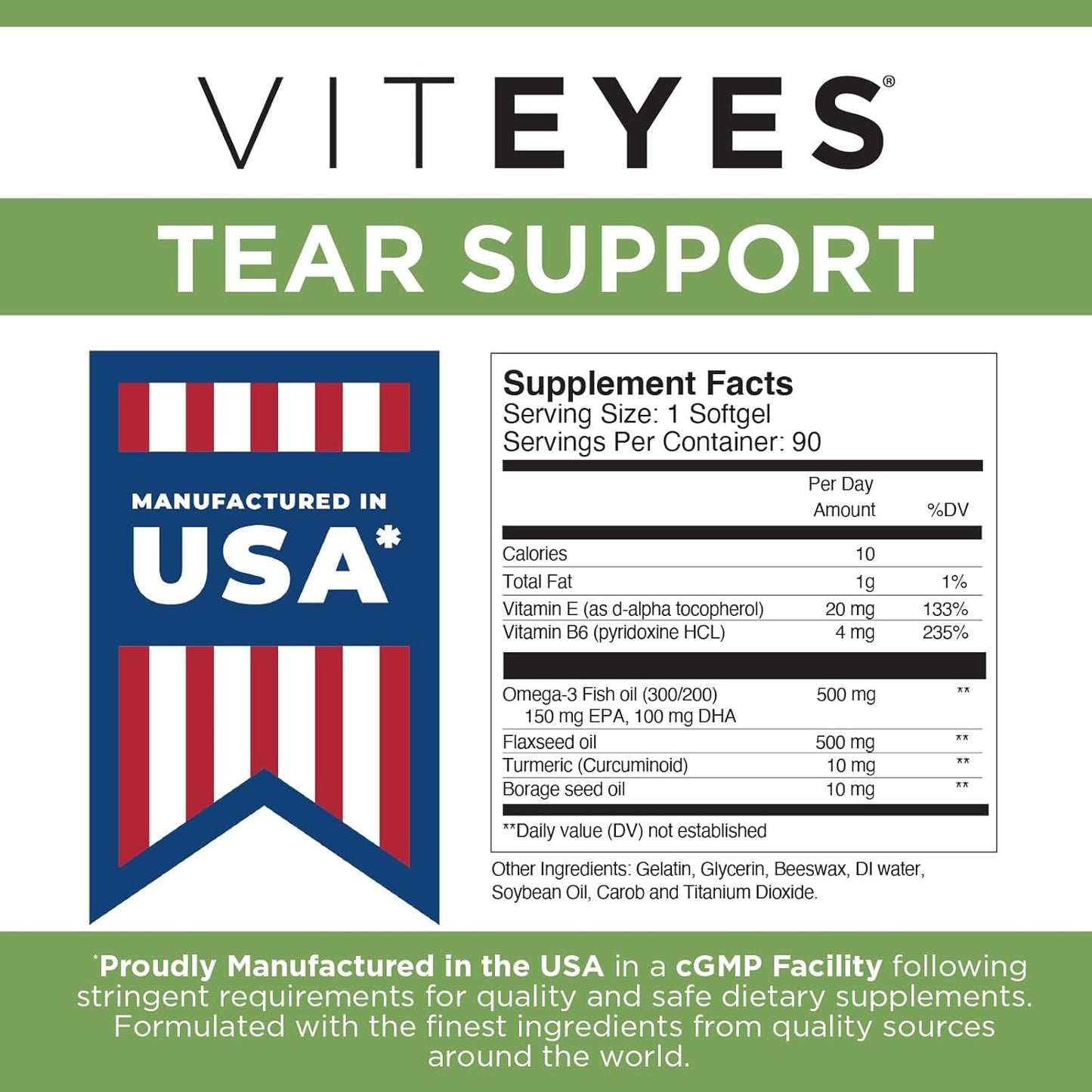 Eye Soothing Supplement for Dry Eyes, Redness Relief & Allergy Support - Viteyes Tear Support Blend with Omega-3 Fish Oil, 90 Softgels