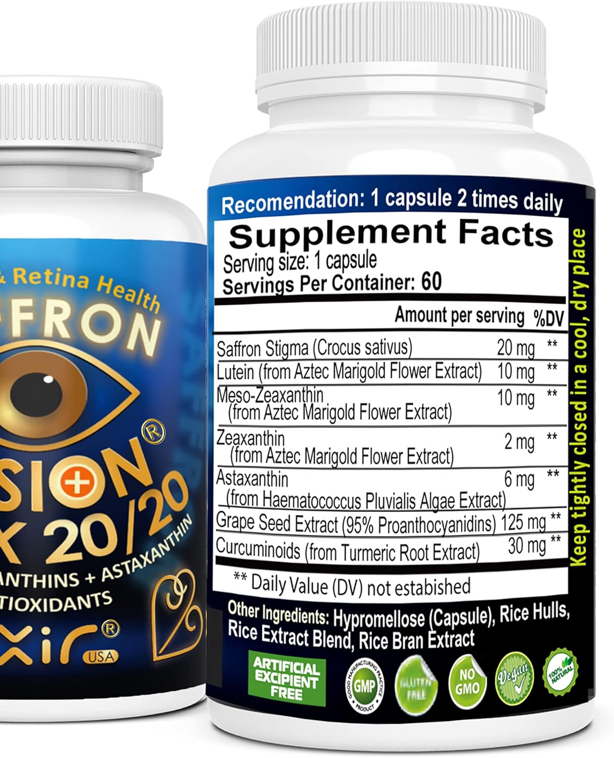 Eye Vitamin Supplement with Lutein, Saffron Astaxanthin, Zeaxanthin, Grape Seed, Turmeric - Supports Floaters, Strain, Pressure, Night Vision - 60 Capsules