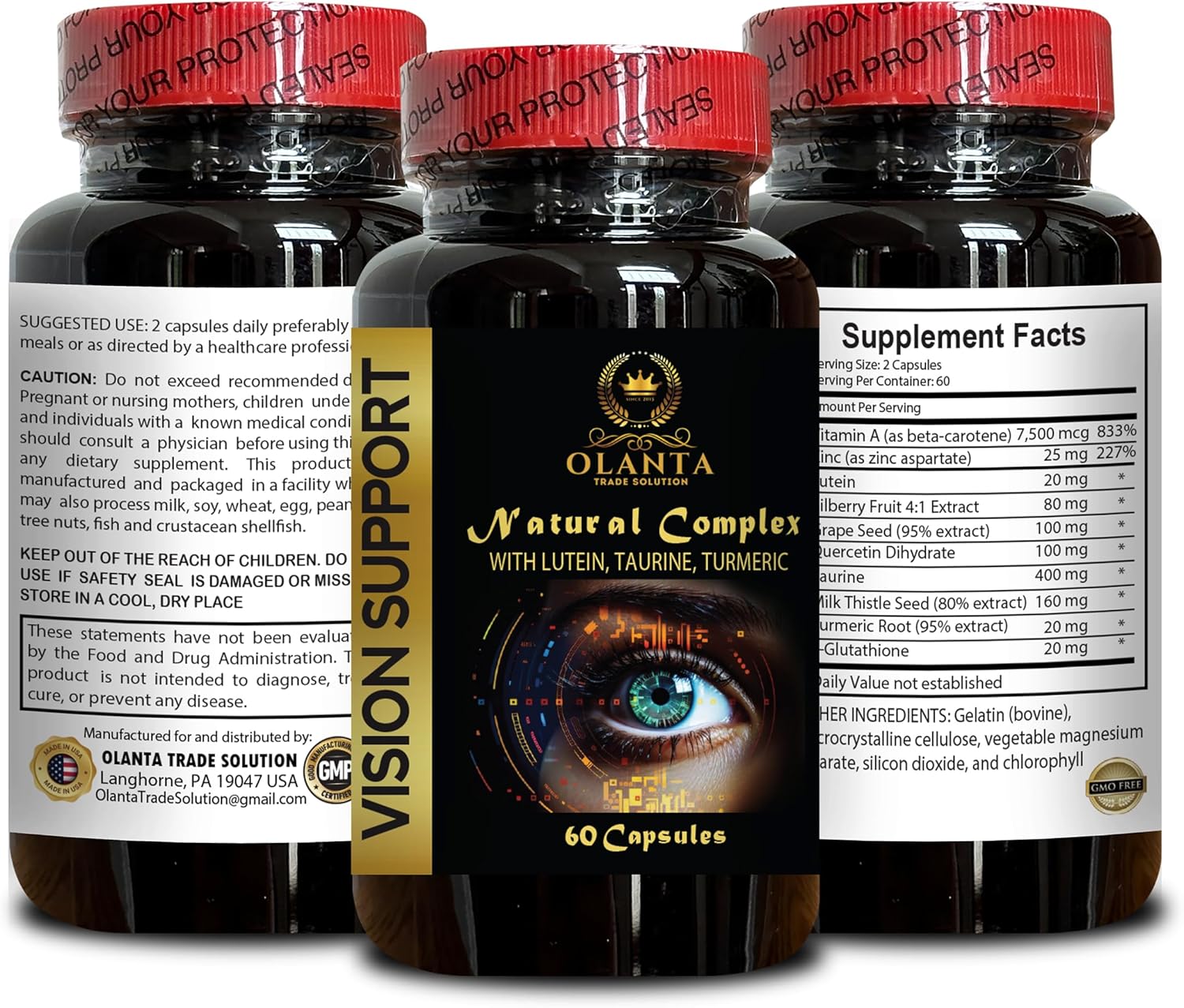 Eye Vitamins with Lutein, Bilberry & Antioxidants - Vision Support Complex with Organic Milk Thistle & Taurine - Advanced Eye Health Supplement