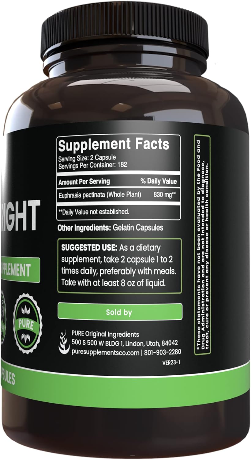 Eyebright Capsules - 365 Count - Pure Original Ingredients, No Magnesium or Rice Fillers - Lab Verified