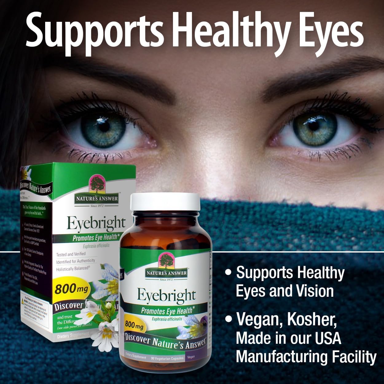 Eyebright Herb 800mg Capsules - 90 Count | Promotes Eye Health | Non-GMO, Alcohol-Free, Gluten-Free, Kosher Certified & Preservative-Free | Nature's Answer