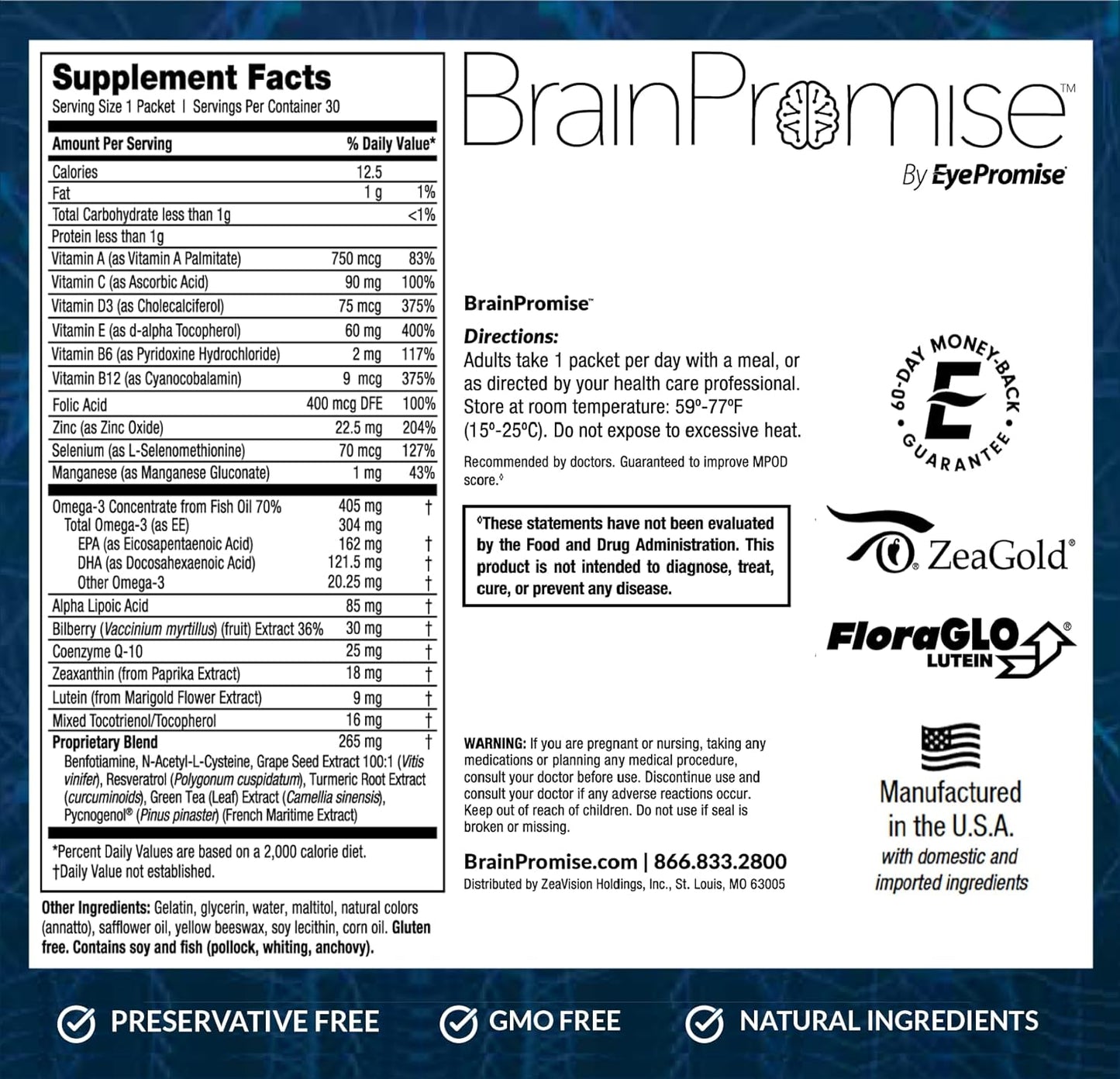 EyePromise BrainPromise Memory and Focus Supplement - Brain Health Support - Science-Based Formula - 30-Day Softgel Supply