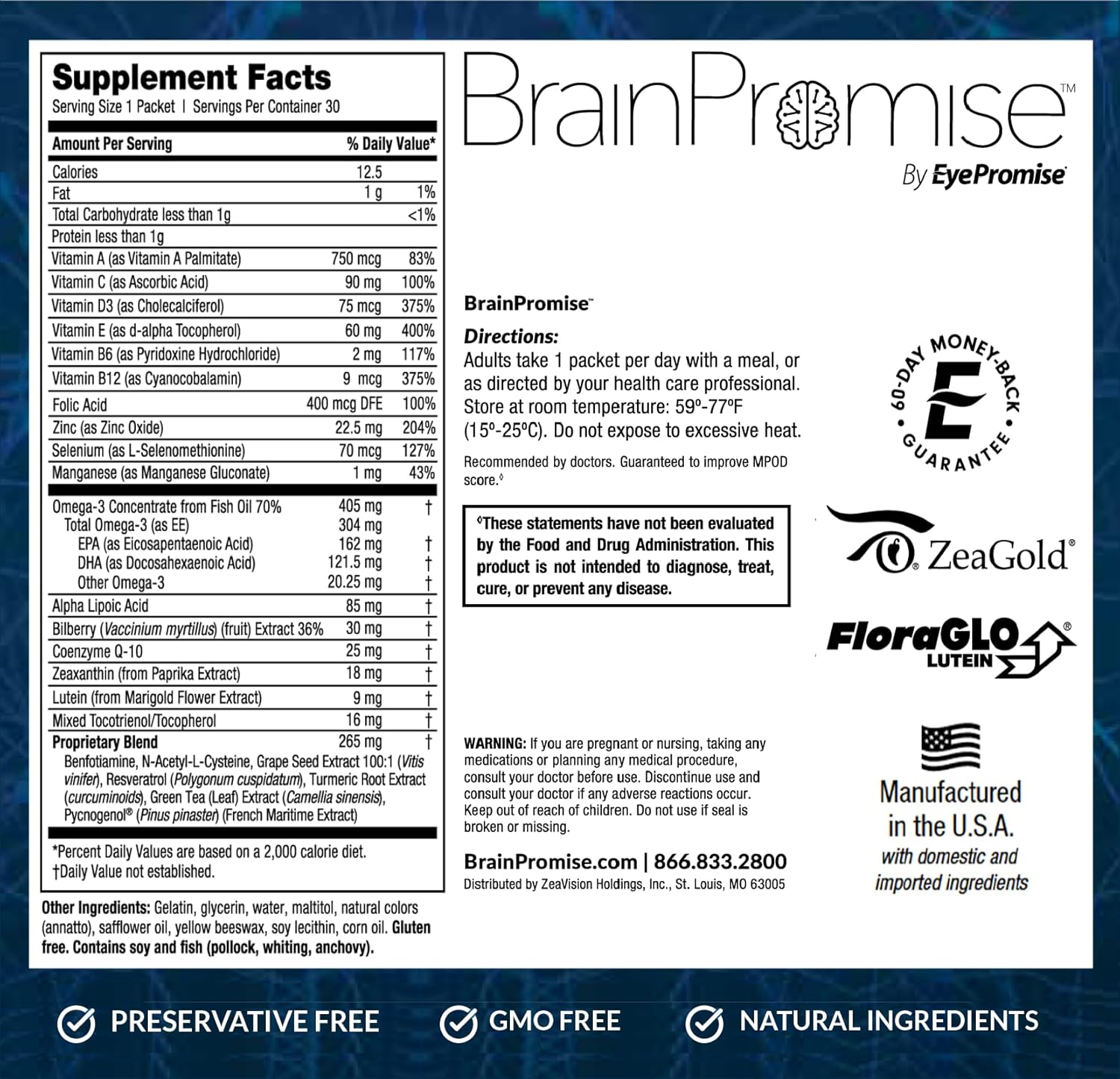 EyePromise BrainPromise Memory and Focus Supplement - Brain Health Support - Science-Based Formula - 30-Day Softgel Supply
