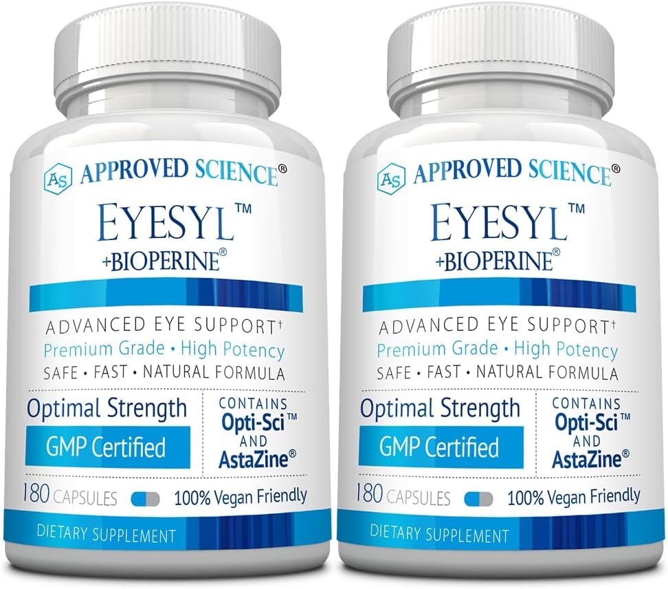 EyeSyl Eye Support Supplement with Chromium Picolinate, Taurine, Lutein, Zeaxanthin, Bilberry, BioPerine - 2 Bottles, 360 Capsules - Made in USA by Approved Science