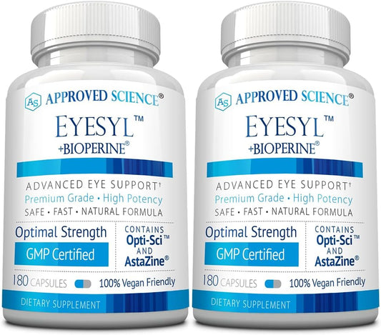 EyeSyl Eye Support Supplement with Chromium Picolinate, Taurine, Lutein, Zeaxanthin, Bilberry, BioPerine - 2 Bottles, 360 Capsules - Made in USA by Approved Science