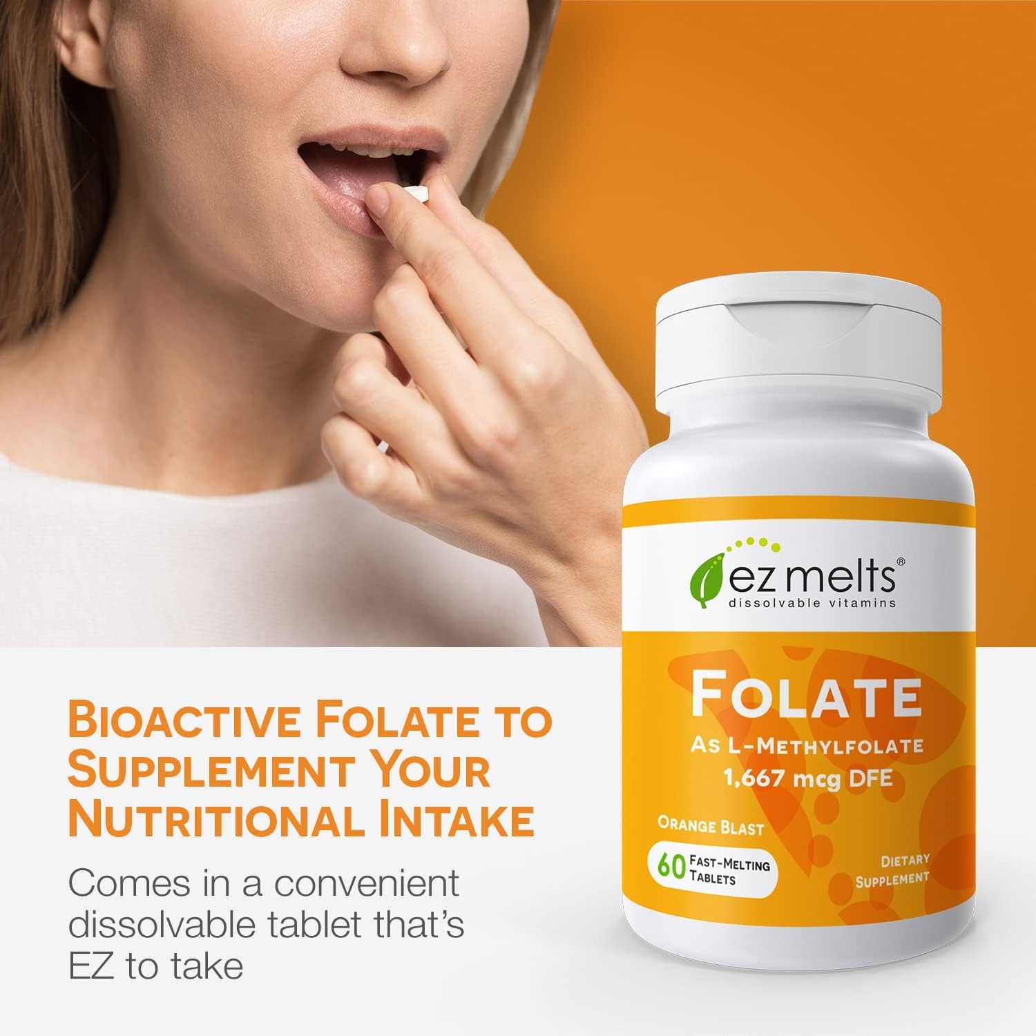 EZ Melts L-Methylfolate Folate 1,667 mcg - Sugar-Free Dissolvable Tablets (60 Count)