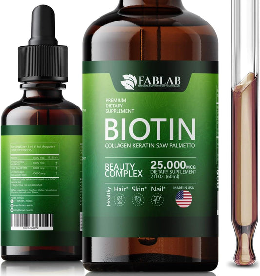 FabLab Biotin Collagen Keratin Saw Palmetto Extract 25000mg - Hair Skin Nails Adults Anti-Aging Vitamins Men Women - 2 oz
