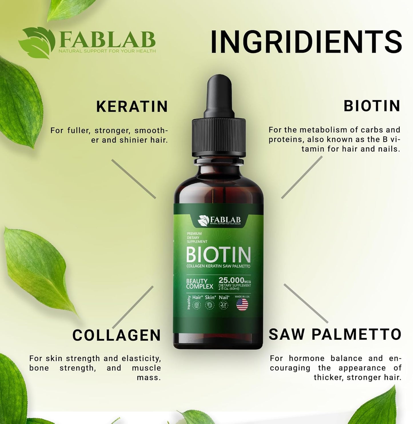 FabLab Biotin Collagen Keratin Saw Palmetto Extract 25000mg - Hair Skin Nails Adults Anti-Aging Vitamins Men Women - 2 oz
