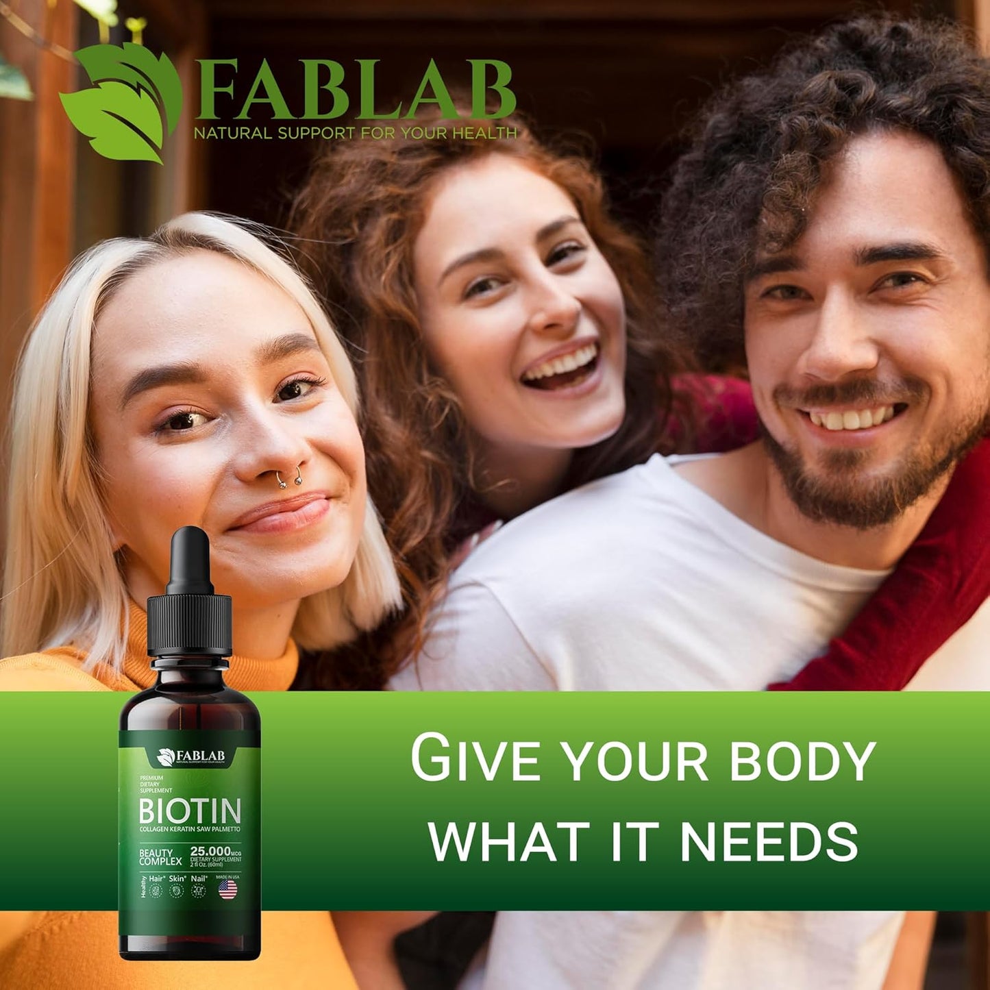 FabLab Biotin Collagen Keratin Saw Palmetto Extract 25000mg - Hair Skin Nails Adults Anti-Aging Vitamins Men Women - 2 oz