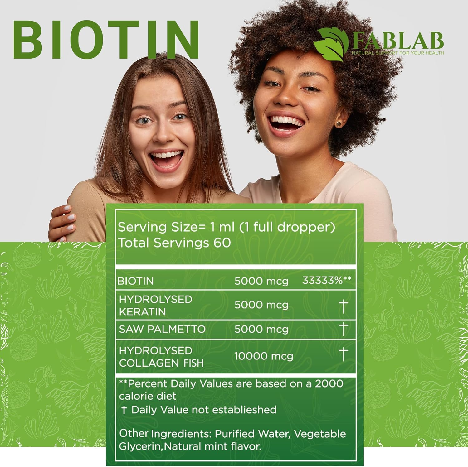FabLab Biotin Collagen Keratin Saw Palmetto Extract 25000mg - Hair Skin Nails Adults Anti-Aging Vitamins Men Women - 2 oz
