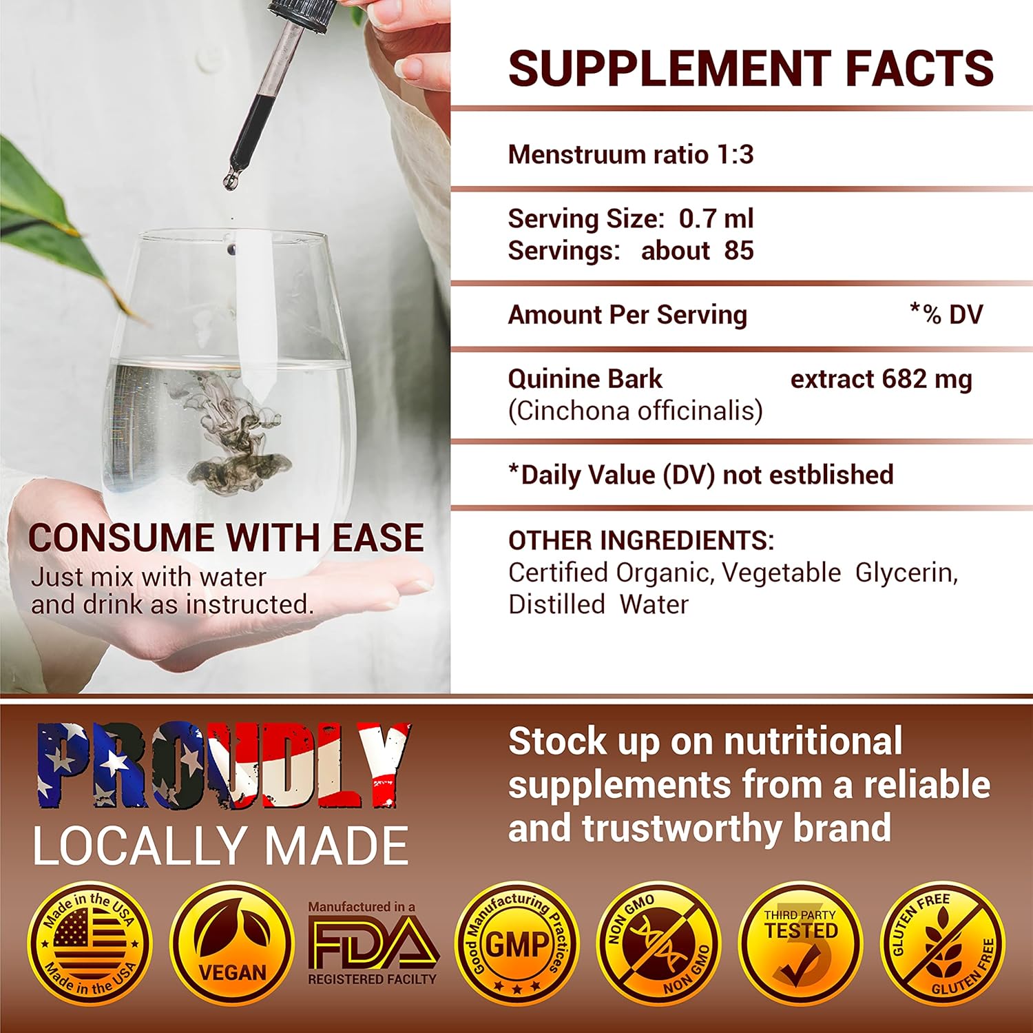 FabLab Quinine Tincture Extract - Herbal Supplement for Immune System Support - Cinchona Bark Drops - Alcohol and Gluten Free - 2 Fl Oz