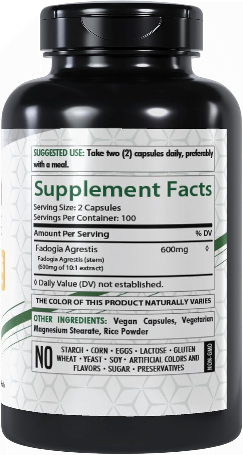 Fadogia Agrestis Extract Capsules 600mg | 200 Veg Capsules | Potent 10:1 Formula | Gluten-Free & Non-GMO
